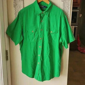 Vtg Polo Ralph Lauren linen blend‎ short sleeve shirt Kelly Green Sz L